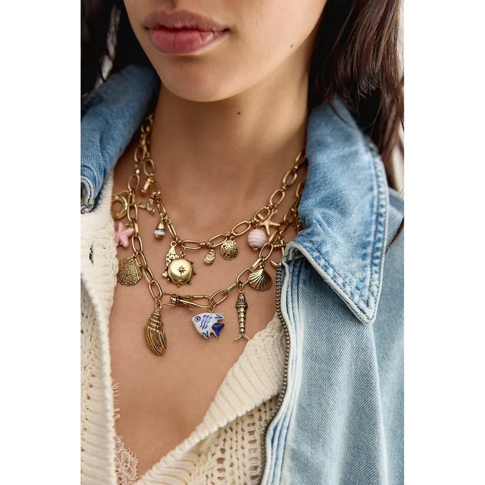 NWT Maxamillian Free People Whimsical Layer Charmer Necklace Charms Nautical Sea